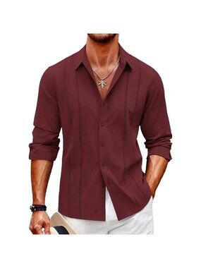 ❤️Mens Red Cuban  Shirt Casual Button Down Shirts Long Sleeve Beach Linen Shirts